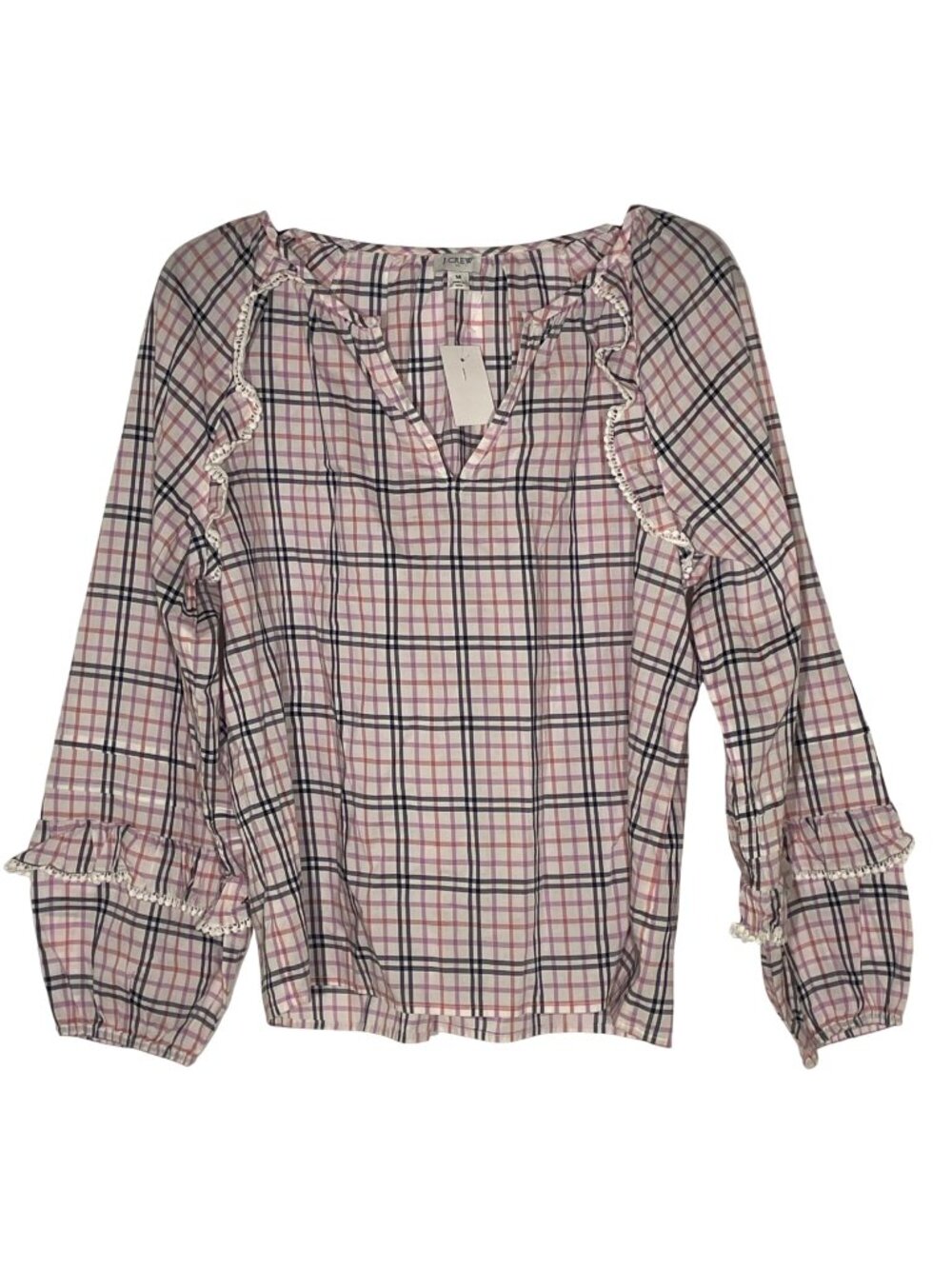 J. Crew Factory Plaid Ruffle Peasant Top Sz MED Country Spring Boho Cotton